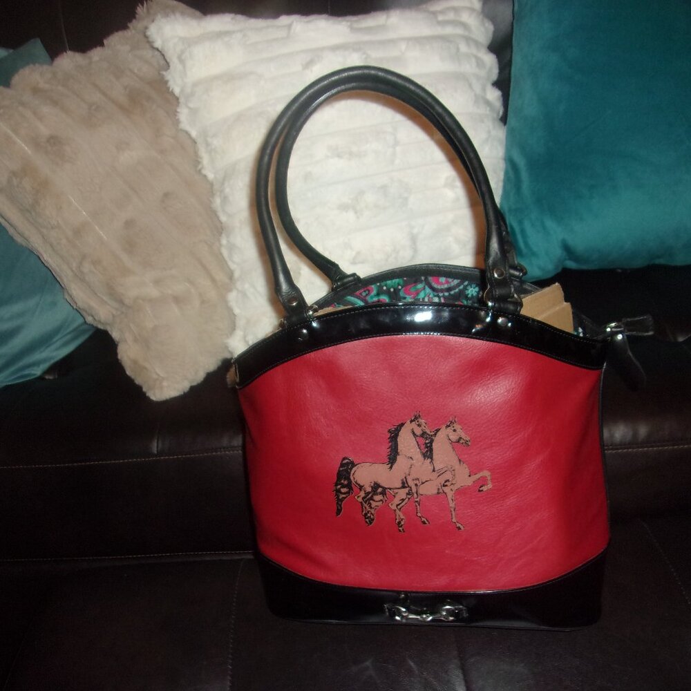 Marsha De Arriaga Saddle Red Leather with Black Patent Leather Equestrian Tote